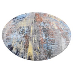 10'1 "x10'1" Grigio Pietra, Seta con Lana, Disegno astratto, Annodato a mano, Tappeto rotondo