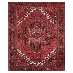 10'1"x12'7" Red Vintage Persian Heriz Medallion Design Hand Knotted Wool Rug