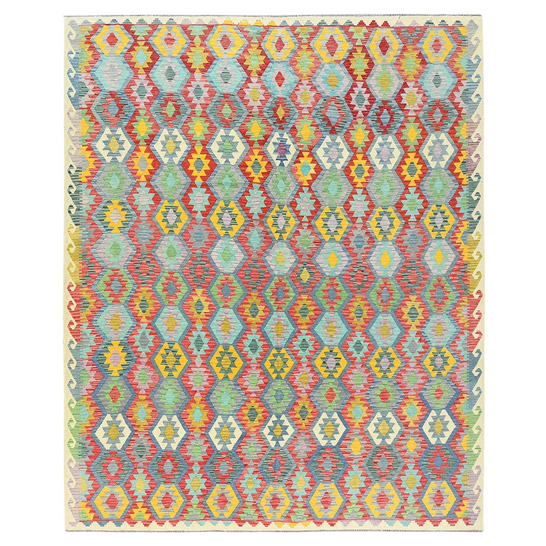 10
1 "x13
1" colorato, Rug afghano Kilim tessuto a mano a trama piatta in morbida lana orientale
