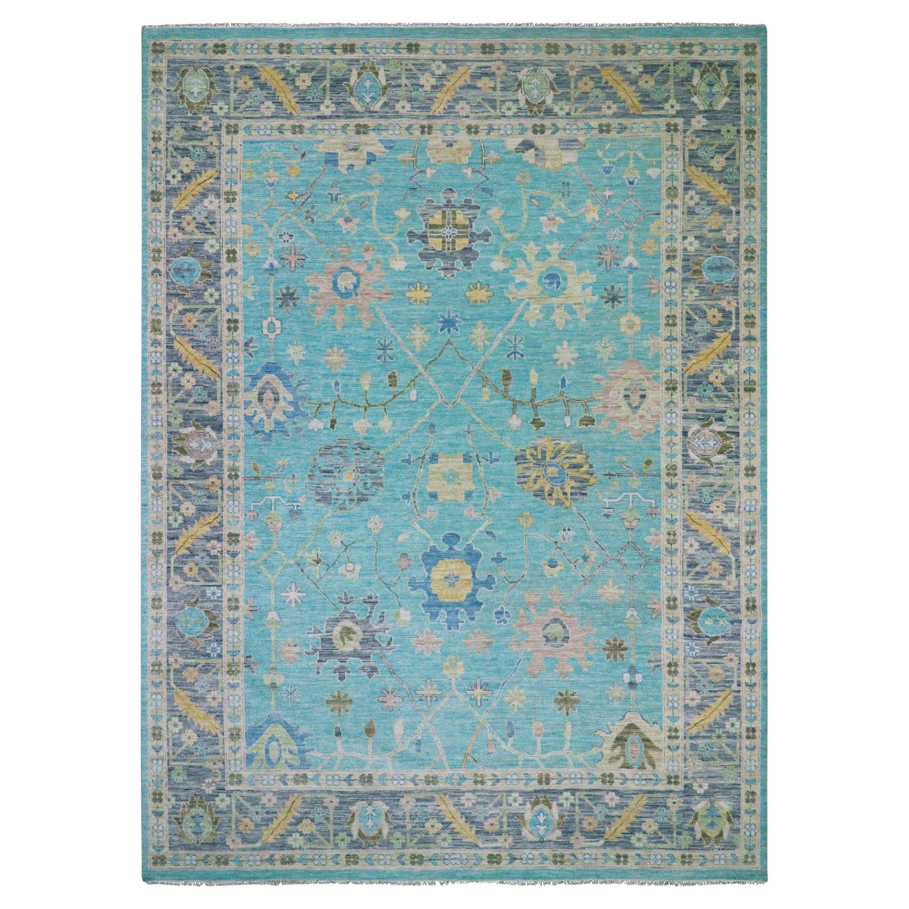 10'1"x13'10" Teal Blue Oushak Weave and Design Hand Knotted Wool Oriental Rug