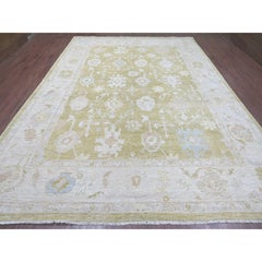 10'1"x13'7" Olive Green Hand Knotted Afghan Angora Oushak Leaf Design Wool Rug