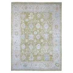 10'1"x13'7" Olive Green Hand Knotted Afghan Angora Oushak Leaf Design Wool Rug