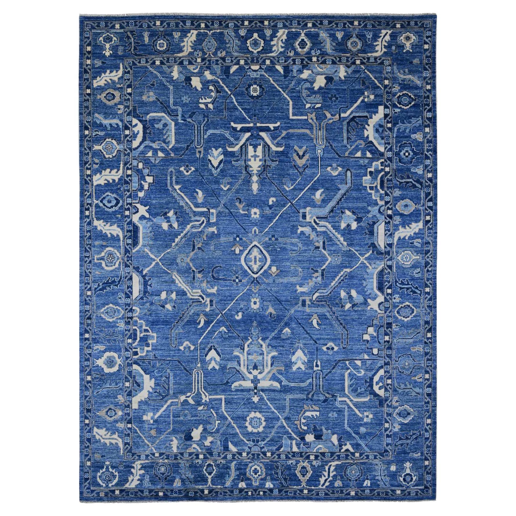 10'1"x13'9" Blue Hand Knotted Vines Design Afghan Angora Oushak Pure Wool Rug
