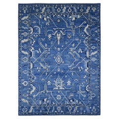 10'1"x13'9" Blue Hand Knotted Vines Design Afghan Angora Oushak Pure Wool Rug