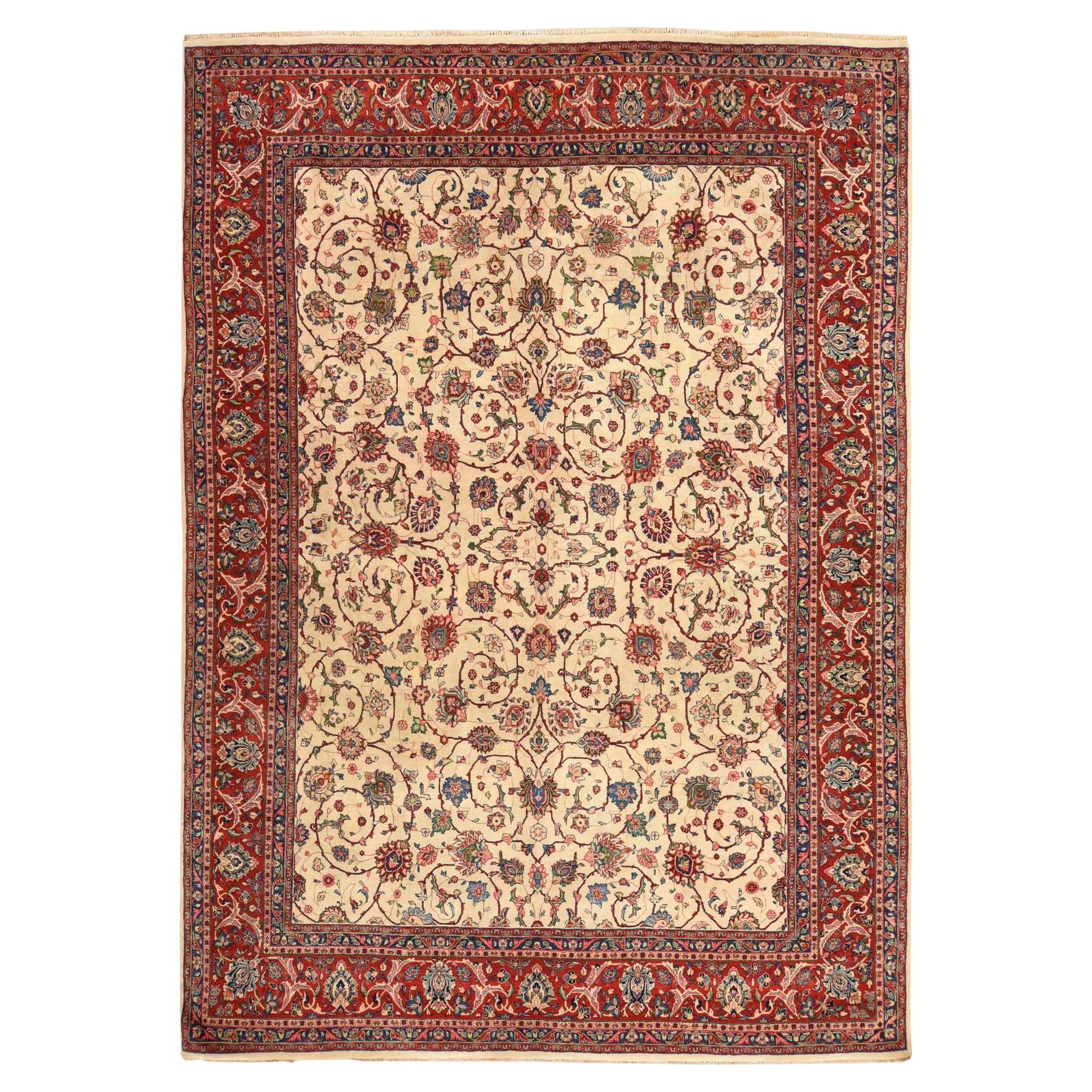 10'1 "x13'9" Avorio Vintage Persiano Sarouk Pulito Tappeto Orientale in Lana Annodato a Mano