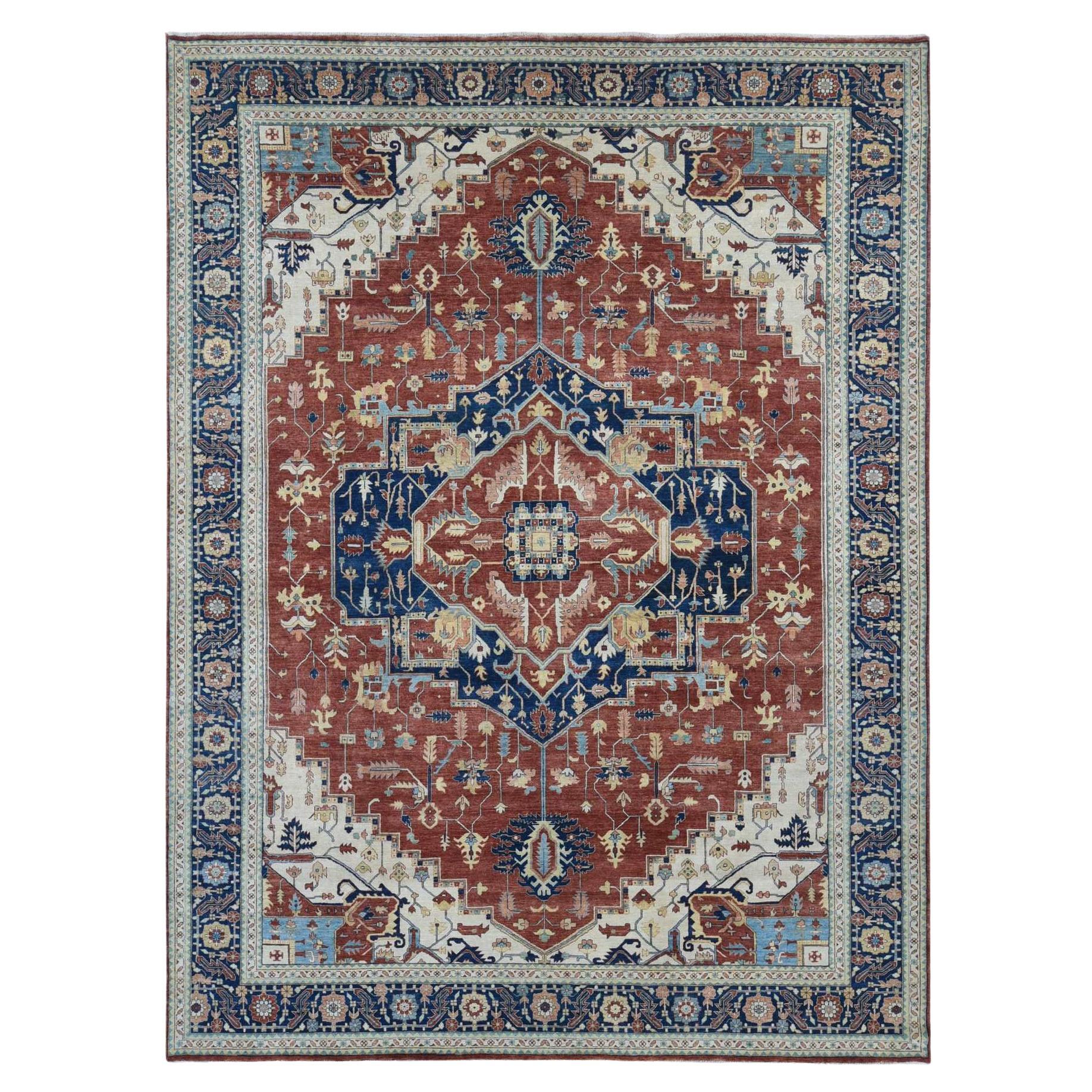 10'1"x13'9" Sangria Rot, antiker, handgeknüpfter Heriz-Re-Kreation aus reiner Wolle, reiner Wolle