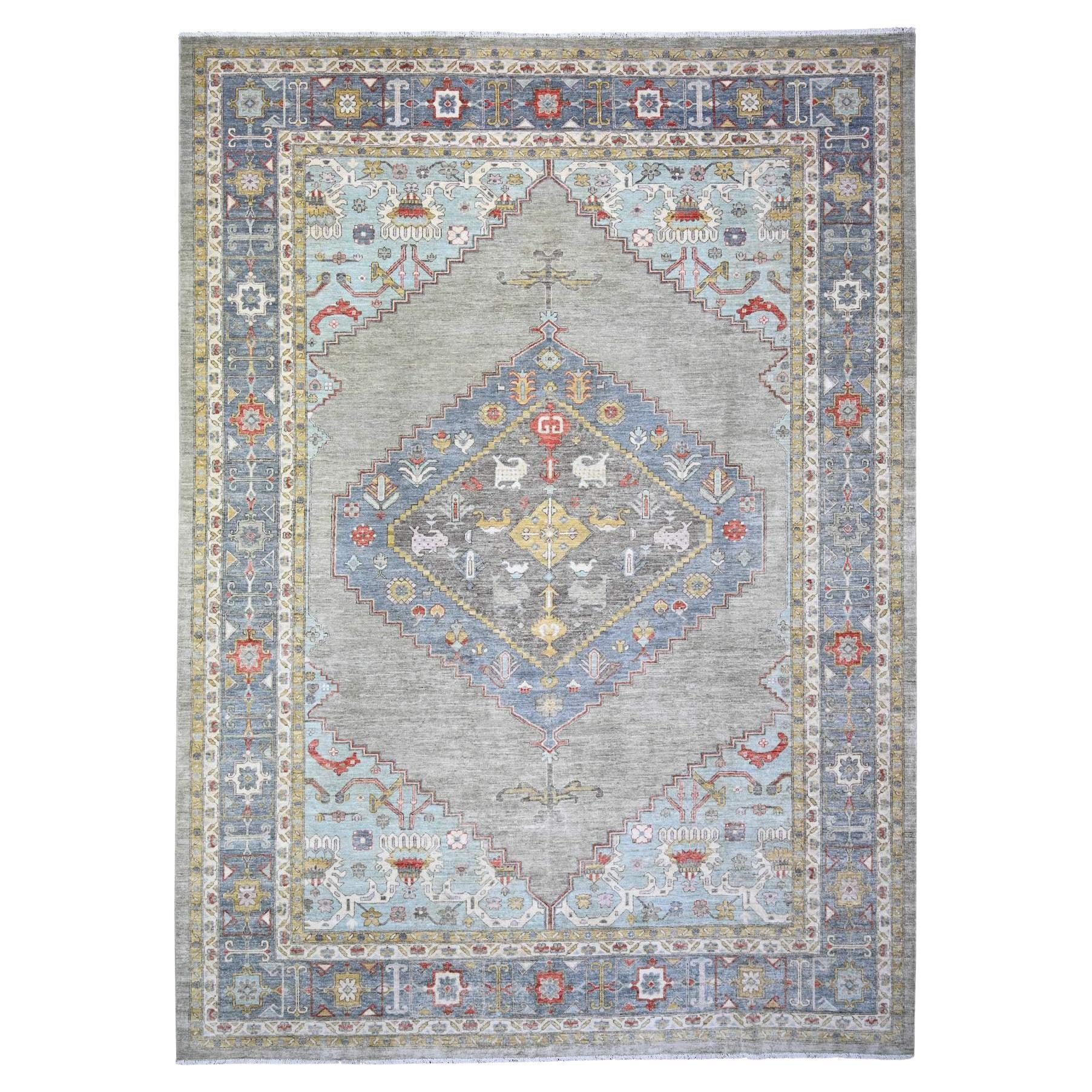 10'1 "x14' Dunkelgrau Feiner Peshawar Teppich aus reiner Wolle, handgeknüpft, orientalisch im Angebot