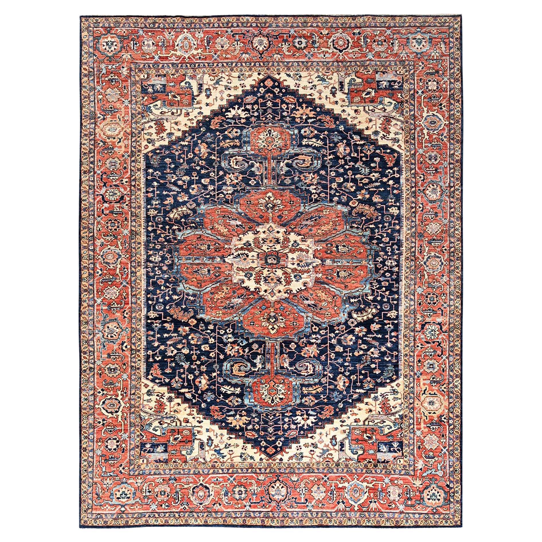 10'1 "x14' Azul Medianoche Aryana Grado Serapi Diseño Heriz Alfombra de Lana Anudada a Mano