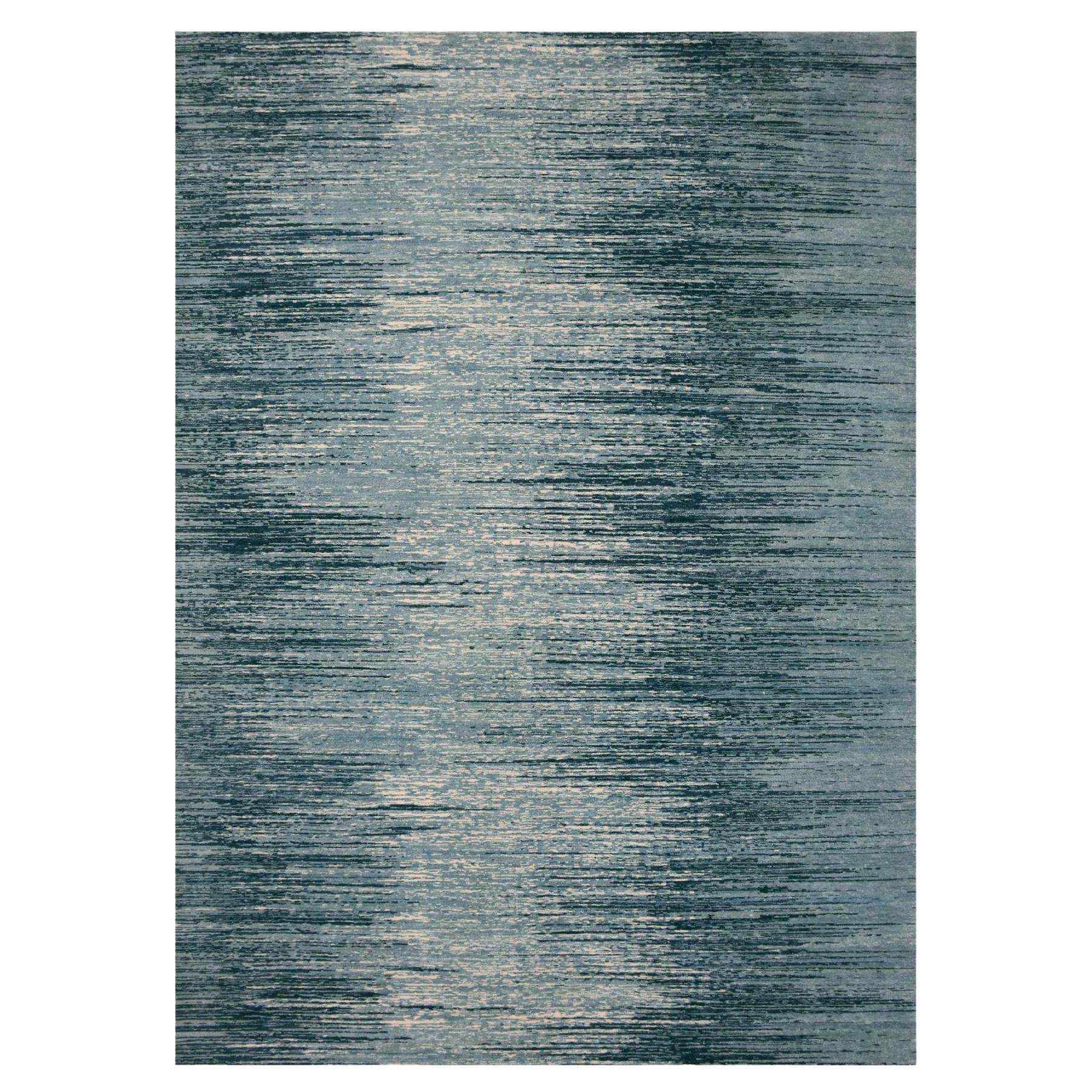 10'1"x14'1" Blue with Ivory Hand Knotted Striae Design Soft Wool Oriental Rug