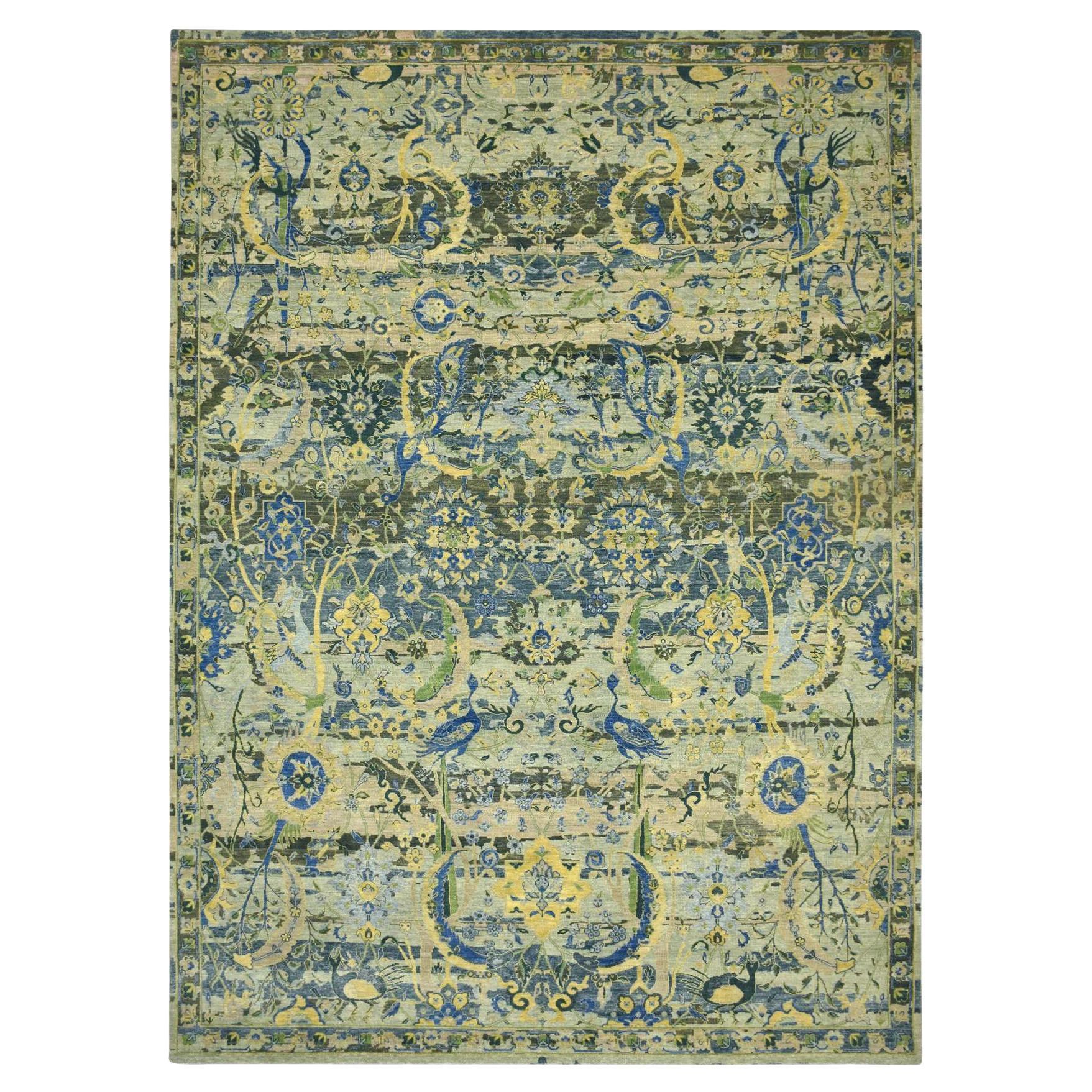 10'1 "x14'1" Alfombra de lana anudada a mano con diseño persa verde roto y borrado