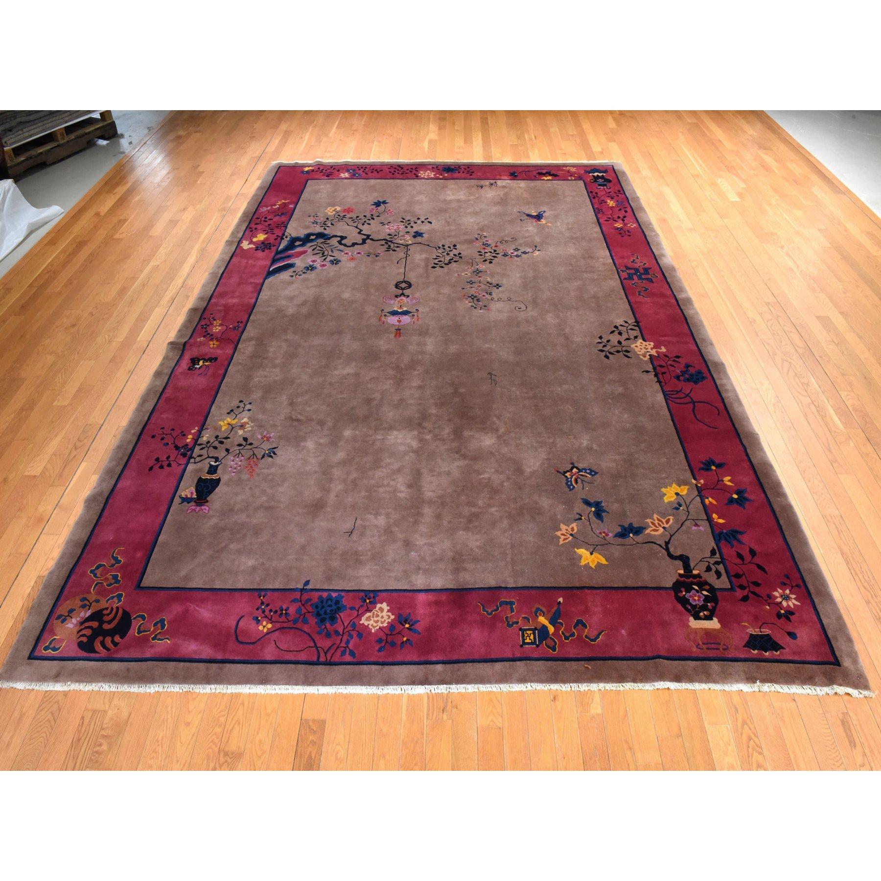 Burro Brown, Antique Chinese Art Deco Nichols, Clean, Soft, Full Pile, 100% Wool, Hand Knotted, Oriental Rug
Primary materials: Wool
Latex: No Pile 
height: 0.25 Inches
Style: Traditional
Primary color: Brown
Secondary colors: Navy Blue, Yellow,