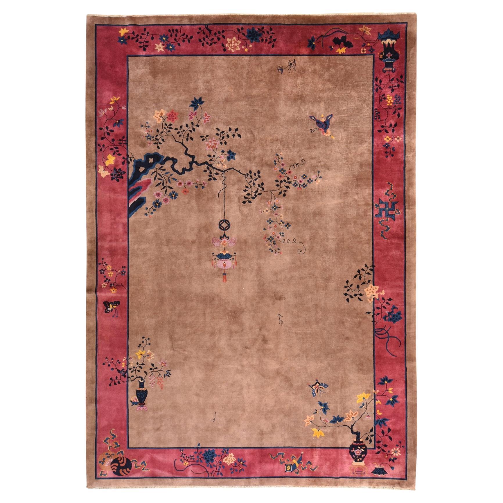 10'1"x14'2" Brown Antique Chinese Art Deco Nichols Hand Knotted Wool Rug For Sale