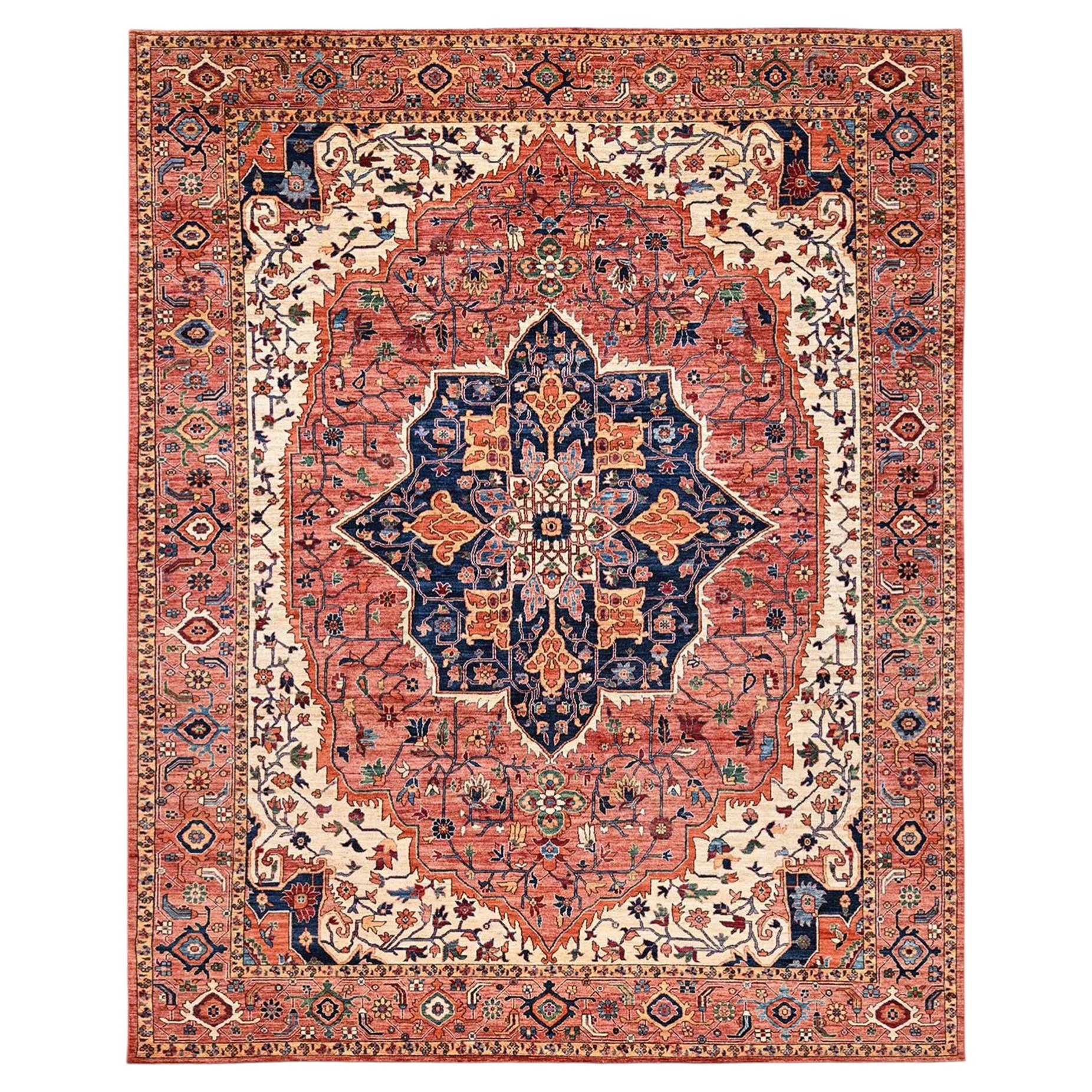 Tapis en laine noué à la main Serapi Heriz, rouge corail, 3,07 m x 4,32 m, avec motif en médaillon
