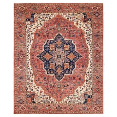 Tapis en laine noué à la main Serapi Heriz, rouge corail, 3,07 m x 4,32 m, avec motif en médaillon