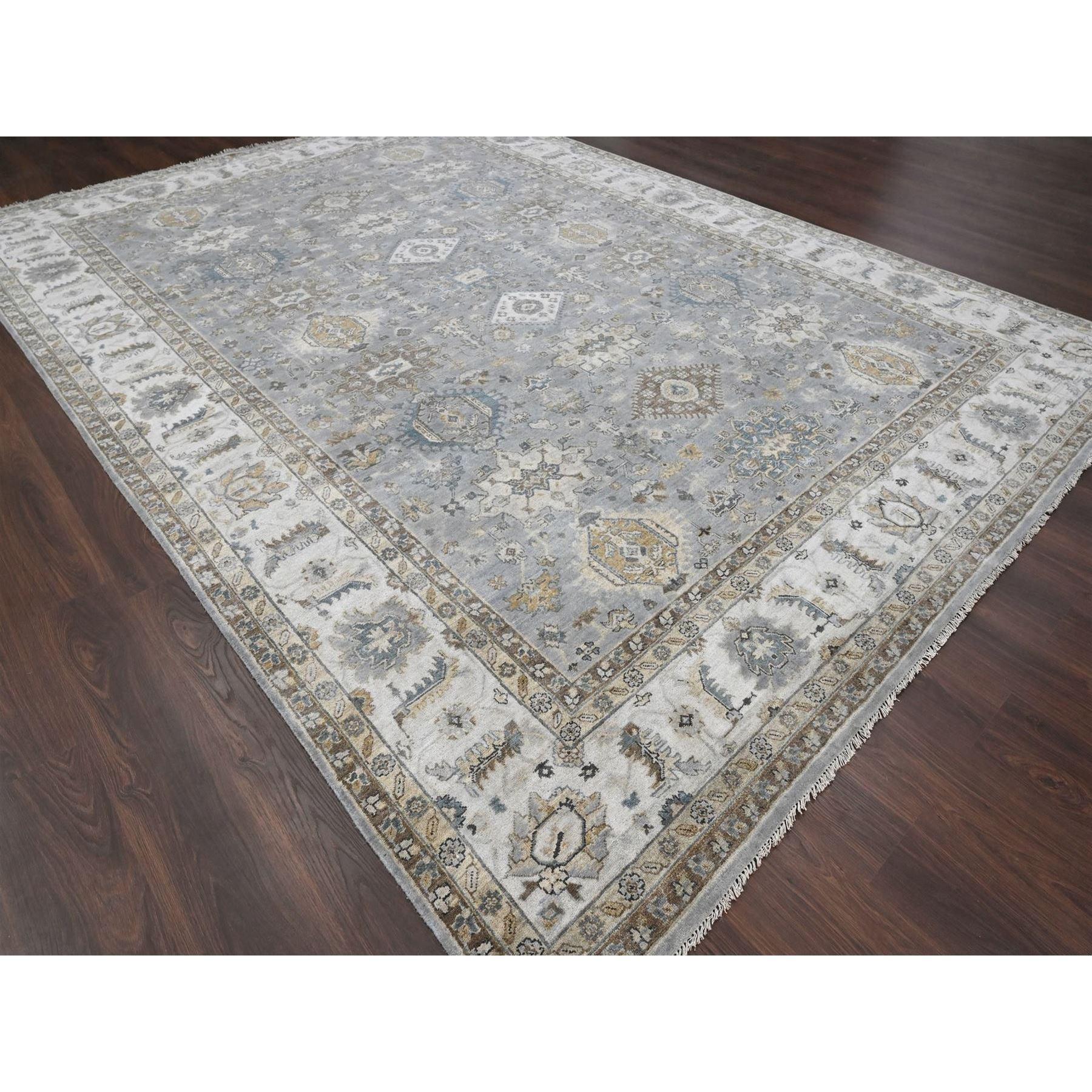 Medievale Tappeto Karajeh Grigio con Medaglioni Geometrici Annodati a Mano in Pura Lana 10'1 
