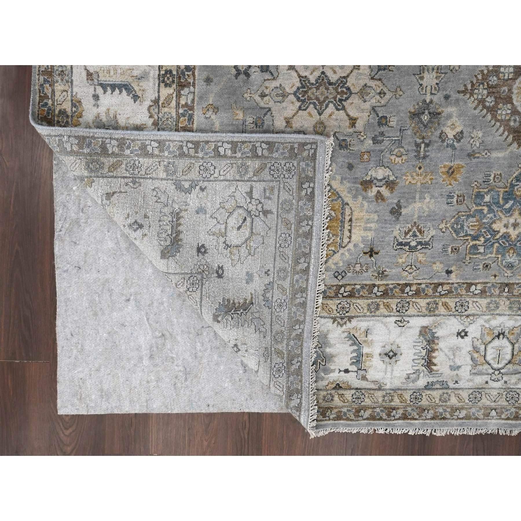 Indiano Tappeto Karajeh Grigio con Medaglioni Geometrici Annodati a Mano in Pura Lana 10'1 