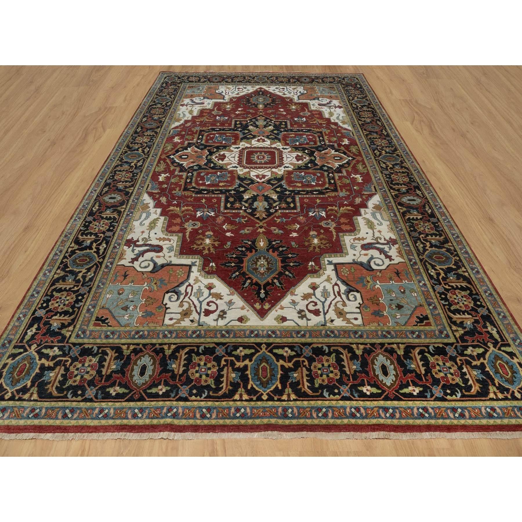 Scarlet Red, Hand Spun New Zealand Wool, Hand Knotted, Antiqued Fine Heriz Revival with Medallion Design, Soft Pile, Vegetable Dyes, Oriental Rug
Primary materials: Wool
Latex: No Pile 
height: 0.25 Inches
Style: Traditional
Primary color: