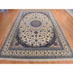 10'1"x14'8" Ivory Vintage Persian Esfahan 400 KPSI Hand Knotted Wool and Silk