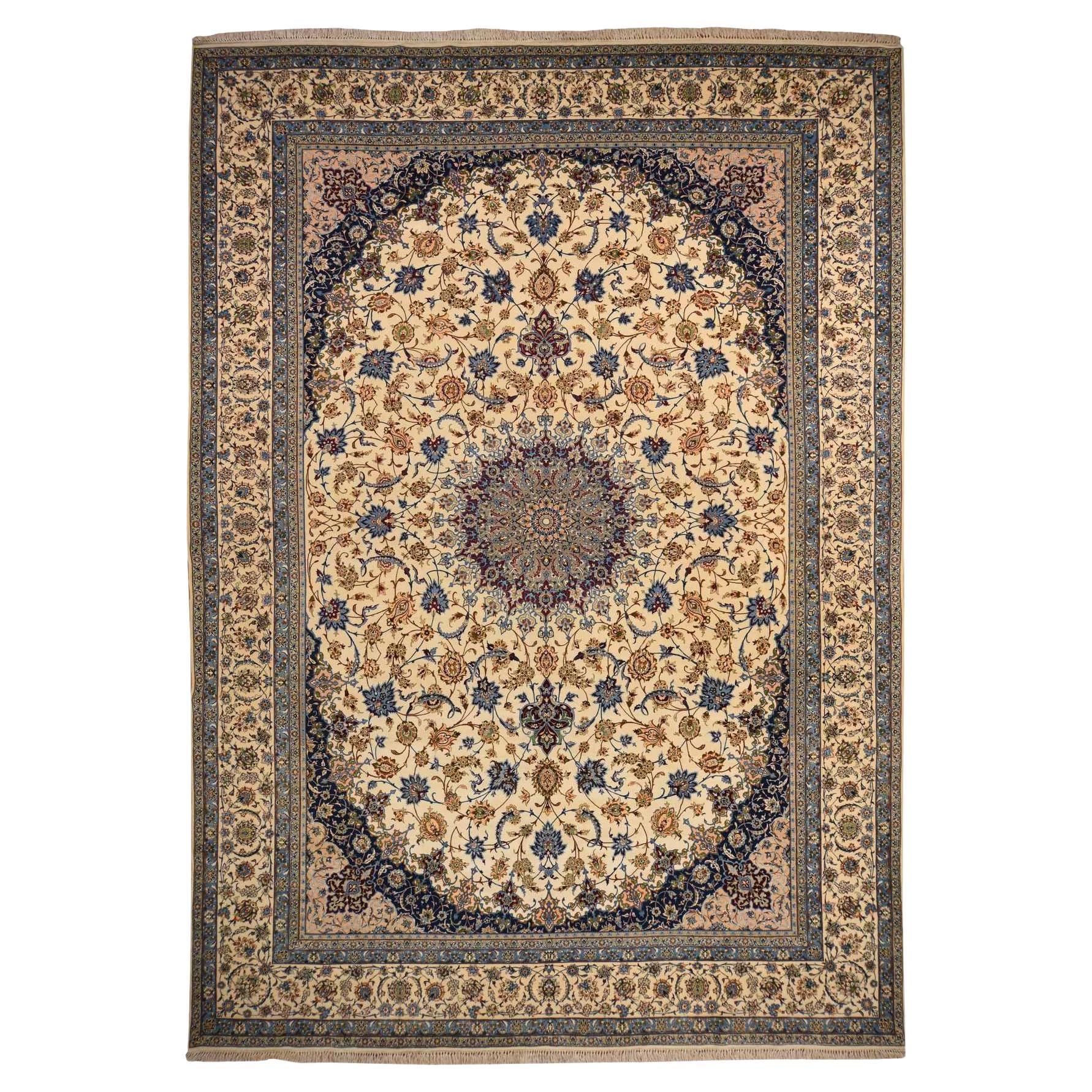 10'1 "x14'8" Avorio Vintage Persiano Esfahan 400 KPSI Annodato a mano in lana e seta