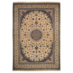 10'1 "x14'8" Avorio Vintage Persiano Esfahan 400 KPSI Annodato a mano in lana e seta