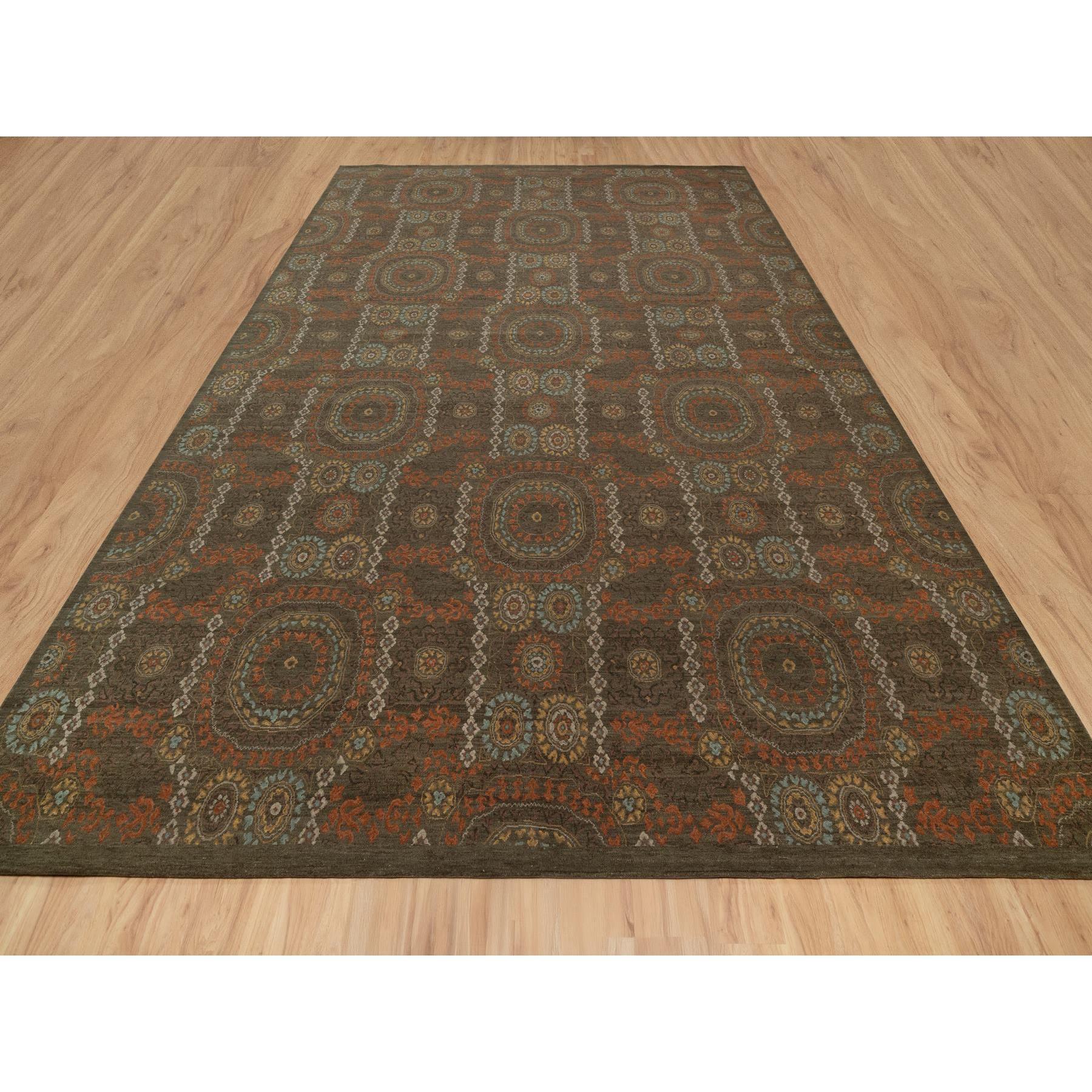 Mocha Brown, Hand Knotted, Mamluk Design, Pure 100% Himalayan Wool, Vegetable Dyes, Oversized, Oriental Rug
Primary materials: Wool
Latex: No Pile 
height: 0.25 Inches
Style: Transitional
Primary color: Brown
Secondary colors: Orange, Yellow, Blue,