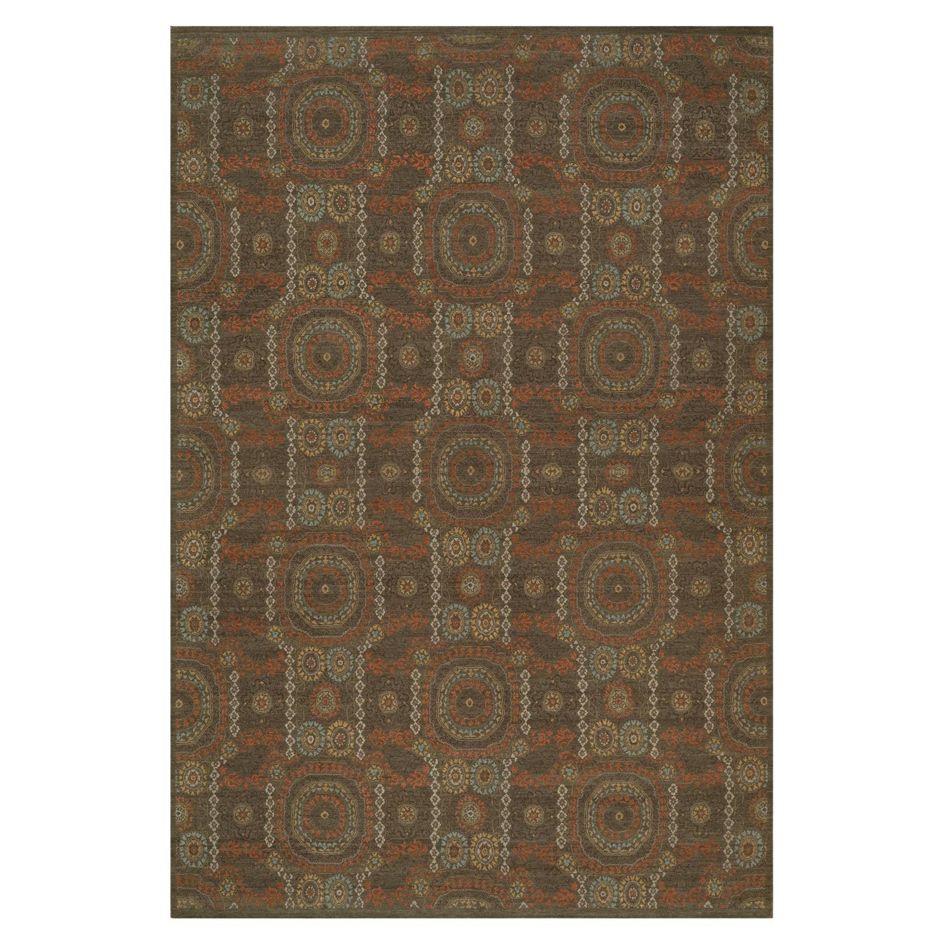 10'1"x15'1" Brown Hand Knotted Mamluk Design Pure Himalayan Wool Oriental Rug For Sale