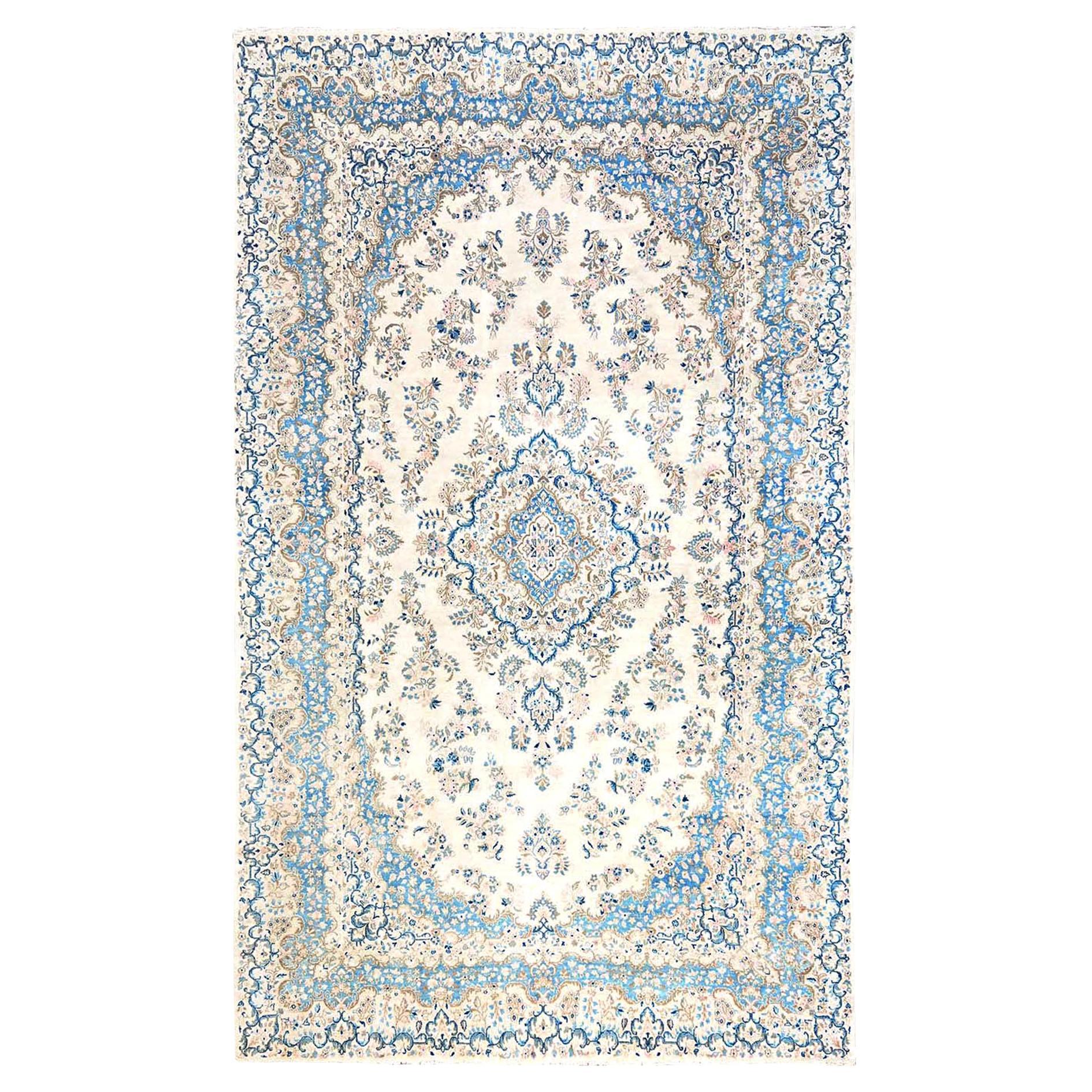 10
1 "x16
9" Elfenbein Vintage Persisch Kerman Hand geknüpft weiche Wolle Orientteppich