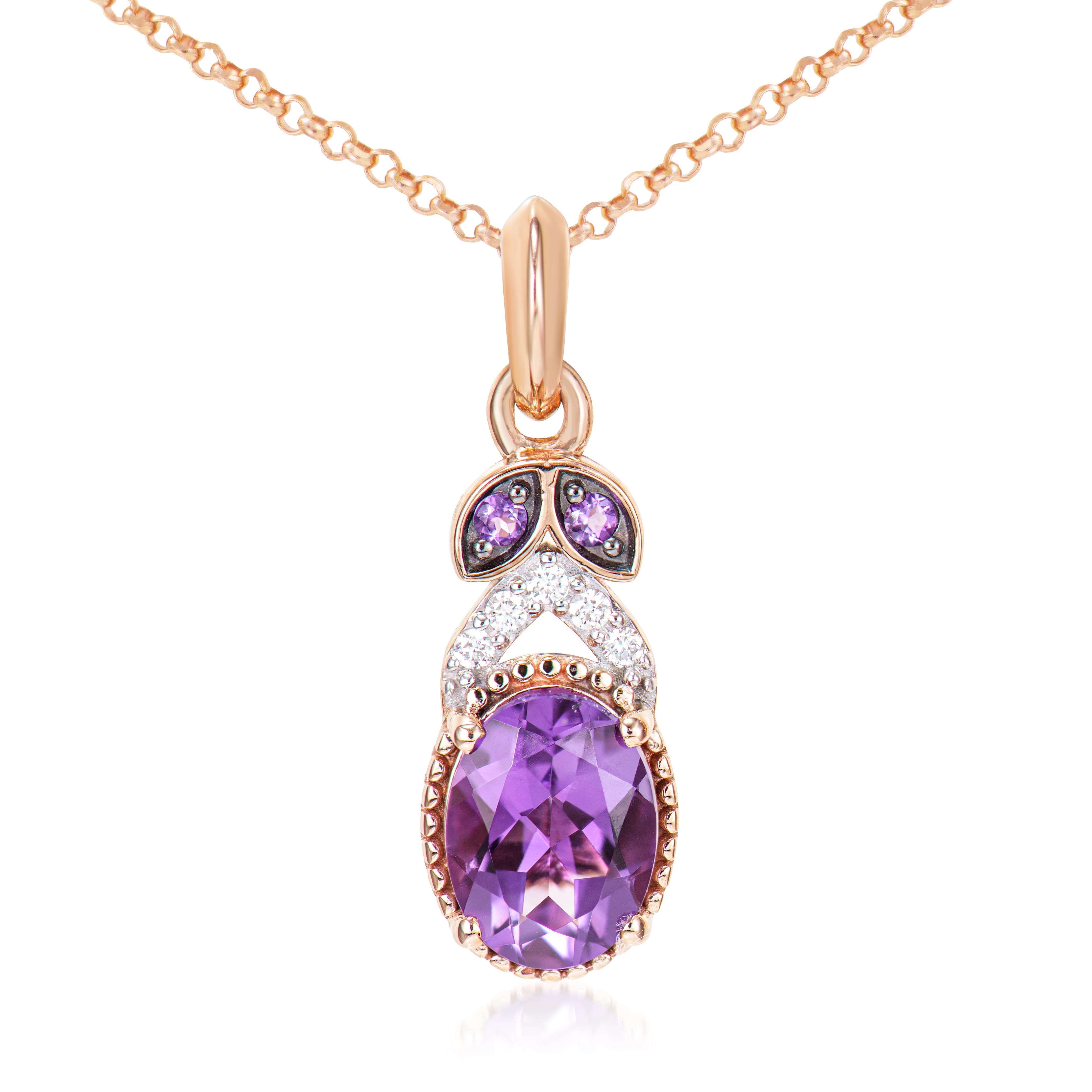Contemporary 1.02 Carat Amethyst Pendant in 14Karat Rose Gold with White Diamond. For Sale