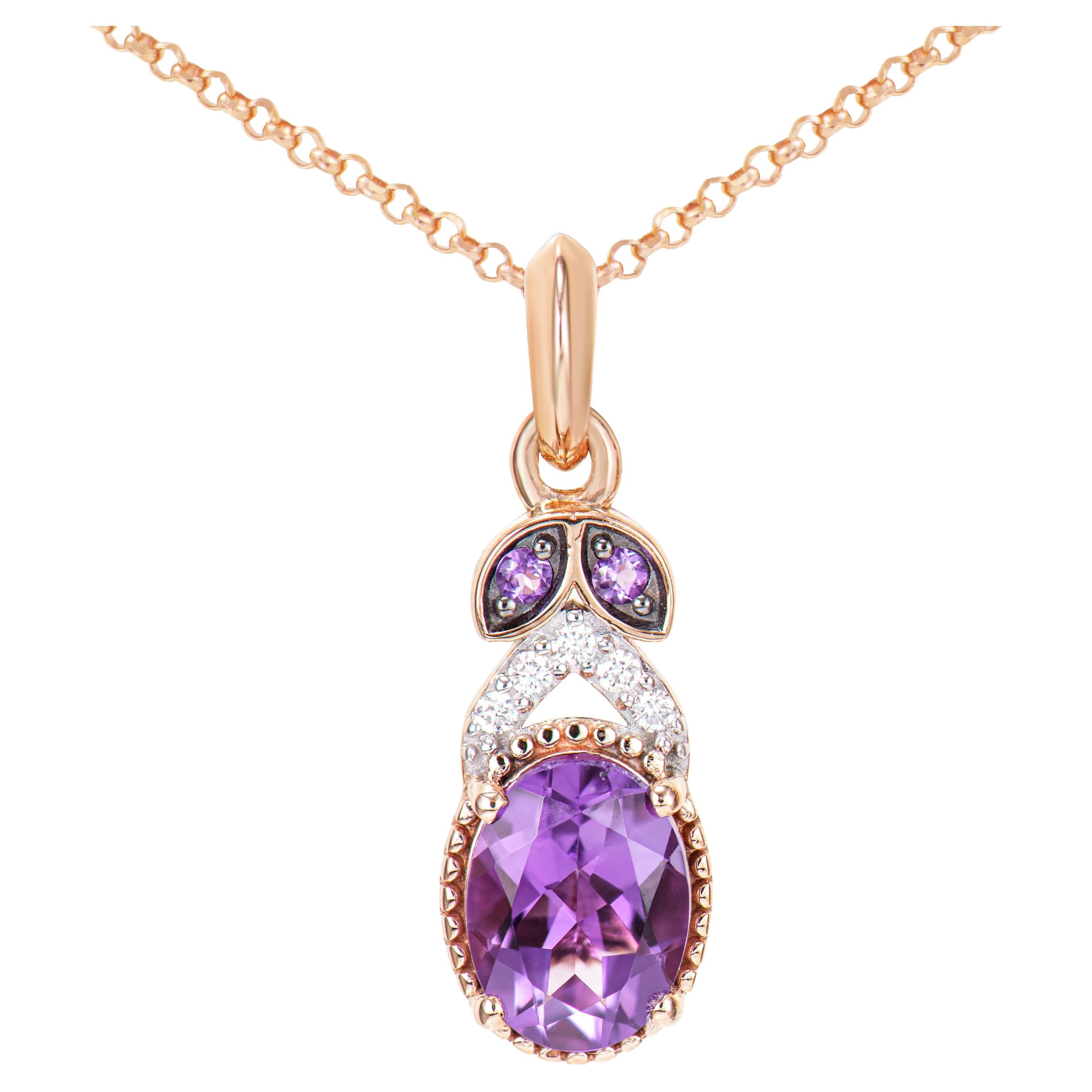1.02 Carat Amethyst Pendant in 14Karat Rose Gold with White Diamond. For Sale
