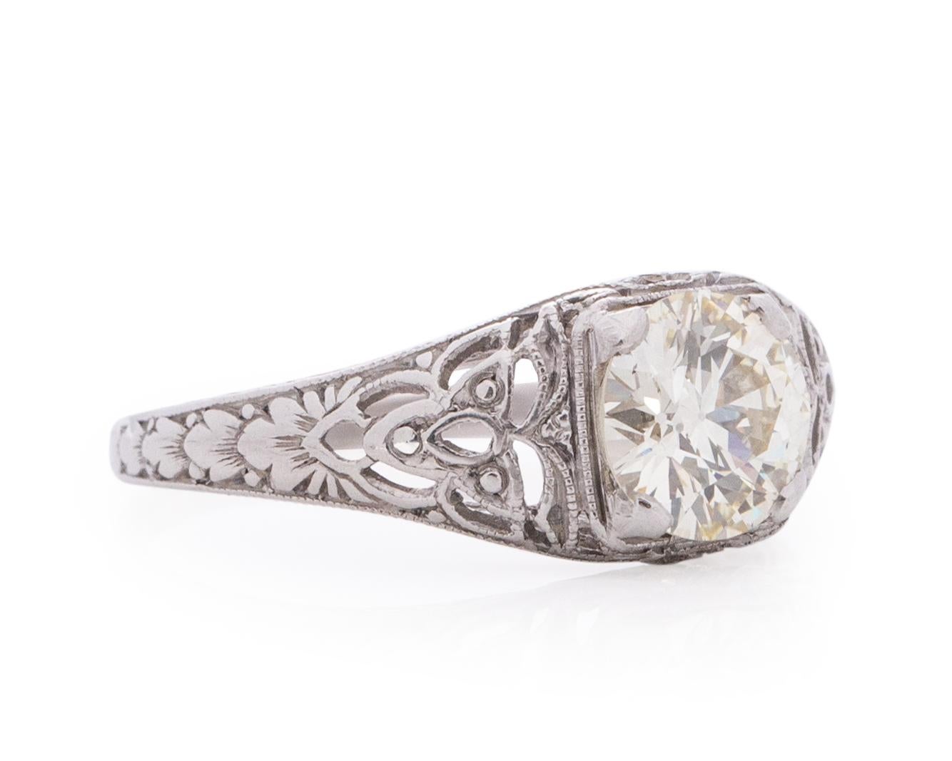 Item Details: 
Ring Size: 5.75
Metal Type: Platinum [Hallmarked, and Tested]
Weight: 3.0 grams

Center Diamond Details:
Weight: 1.02 carat
Cut: Old European Transitional brilliant
Color: Light Yellow (S/T)
Clarity: VS1
Measurements: 6.5mm x