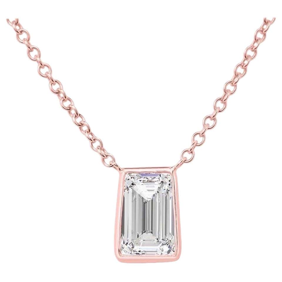 Roman Malakov 1.00 Carat Emerald Cut Diamond Bezel Pendant Necklace For ...