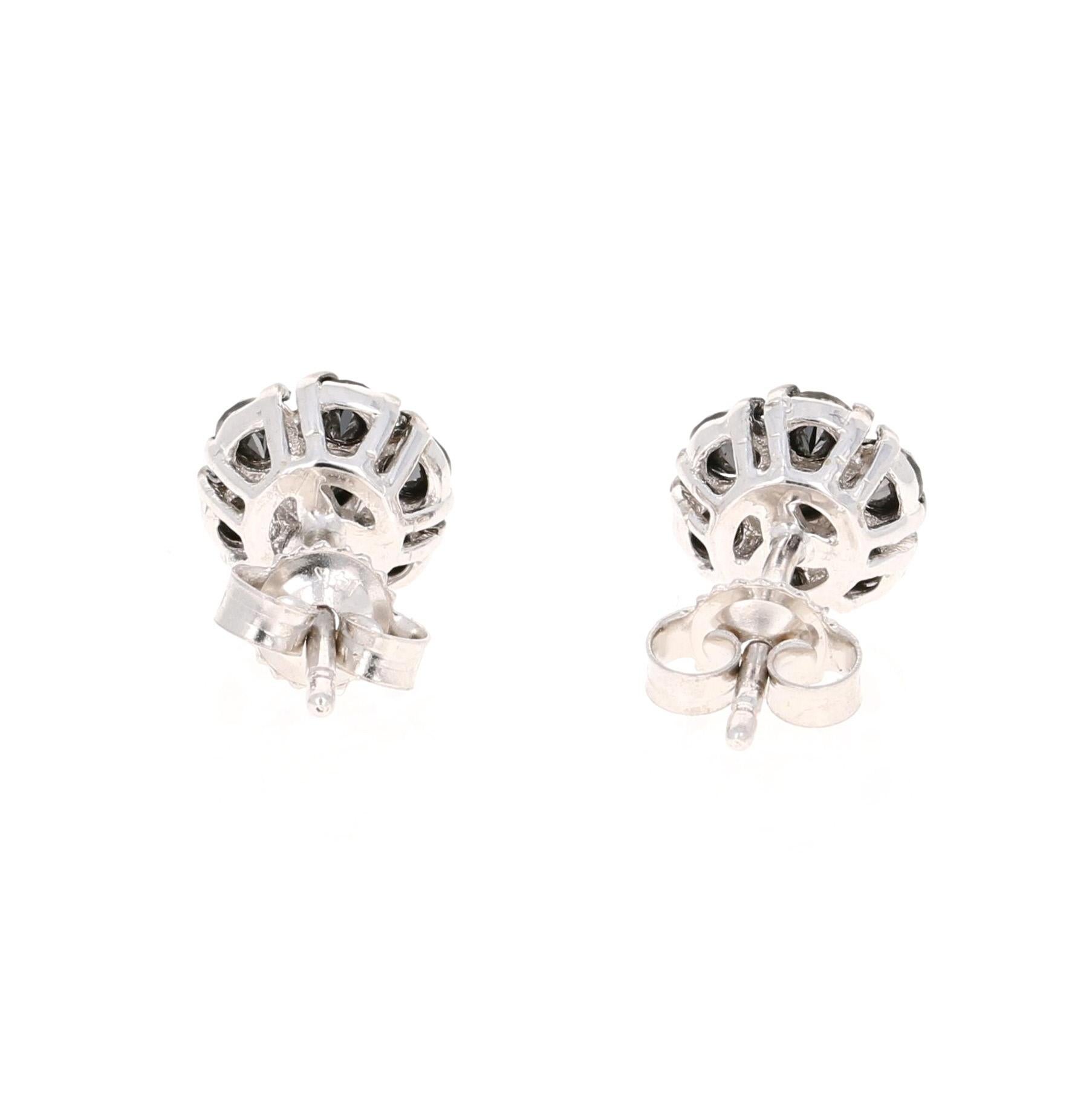 Modern 1.02 Carat Black Diamond Flower Design 14 Karat White Gold Stud Earrings