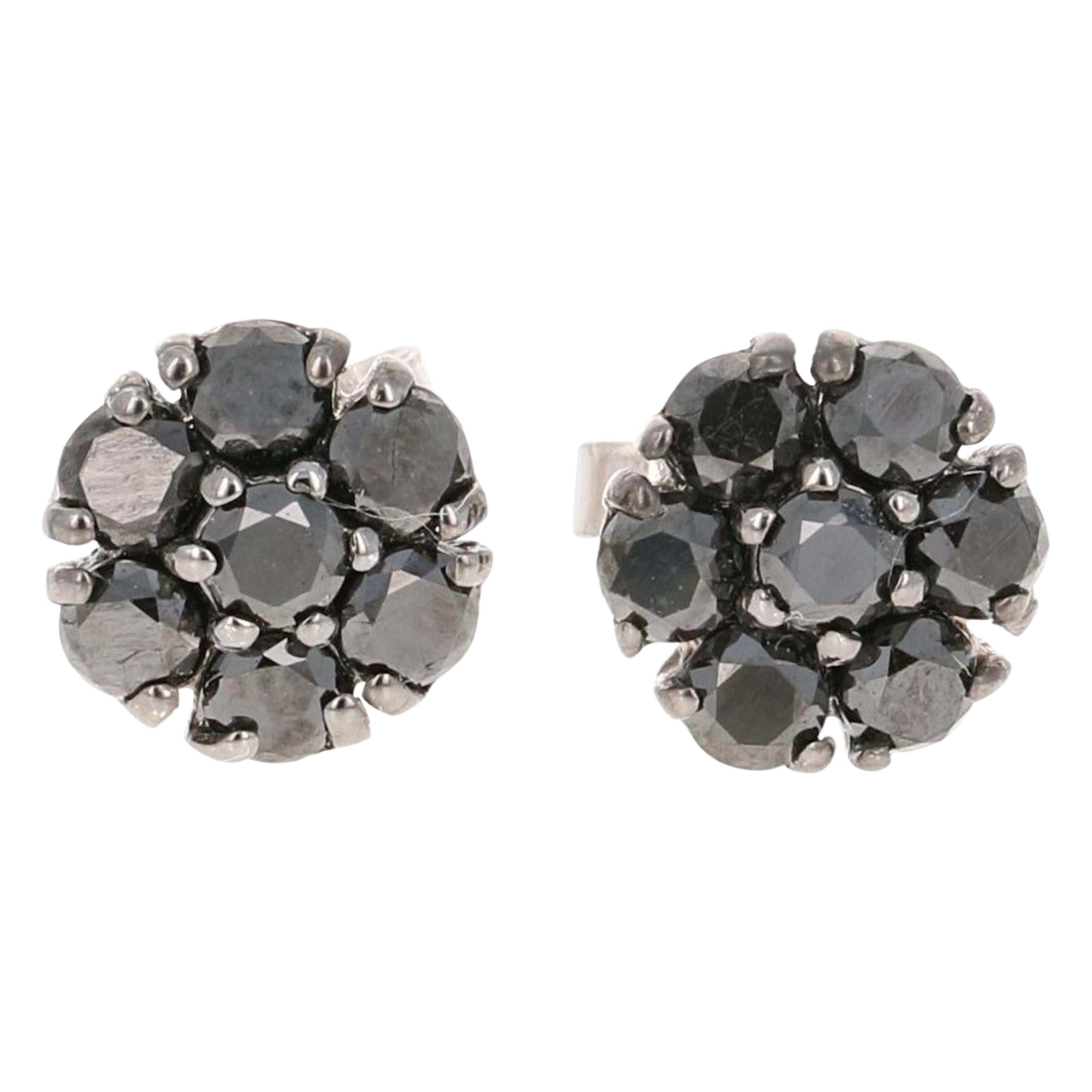 1.02 Carat Black Diamond Flower Design 14 Karat White Gold Stud Earrings