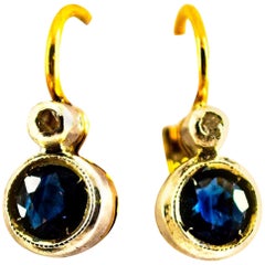 1.02 Carat Blue Sapphire White Diamond Yellow Gold Lever-Back Dangle Earrings