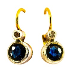 1.02 Carat Blue Sapphire White Diamond Yellow Gold Lever-Back Dangle Earrings