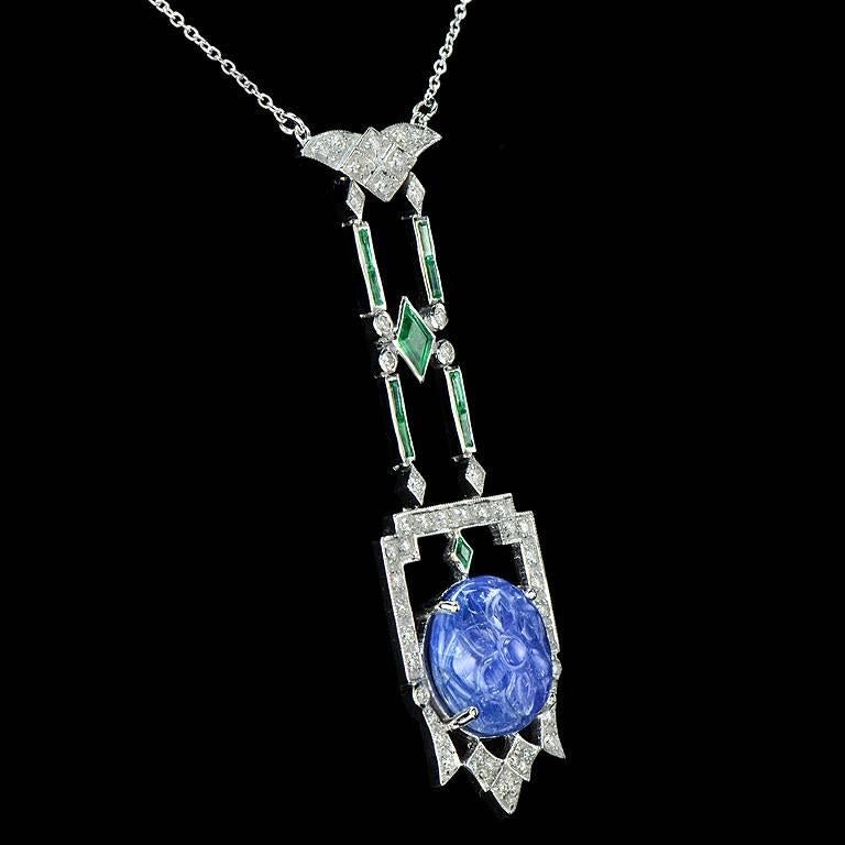 Art Deco 10.2 Carat Burmese Carved Blue Sapphire Emerald Diamond Pendant
