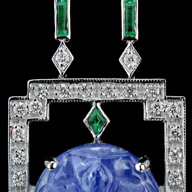 Women's 10.2 Carat Burmese Carved Blue Sapphire Emerald Diamond Pendant