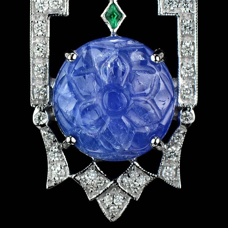 10.2 Carat Burmese Carved Blue Sapphire Emerald Diamond Pendant 1