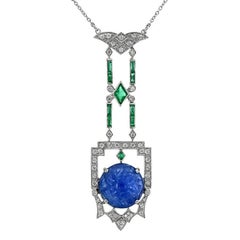 10.2 Carat Burmese Carved Blue Sapphire Emerald Diamond Pendant