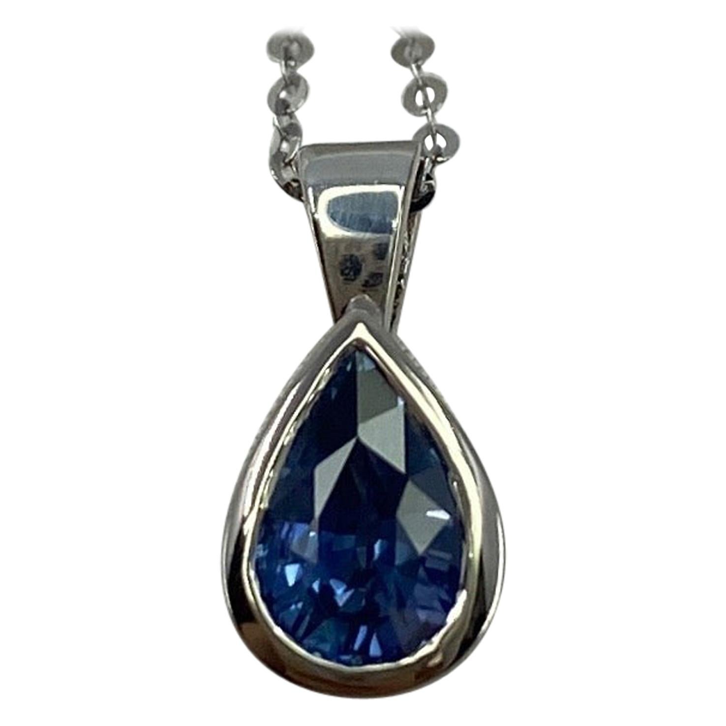 1.02 Carat Ceylon Blue Sapphire 18k White Gold Rubover Bezel Pendant  Necklace For Sale at 1stDibs
