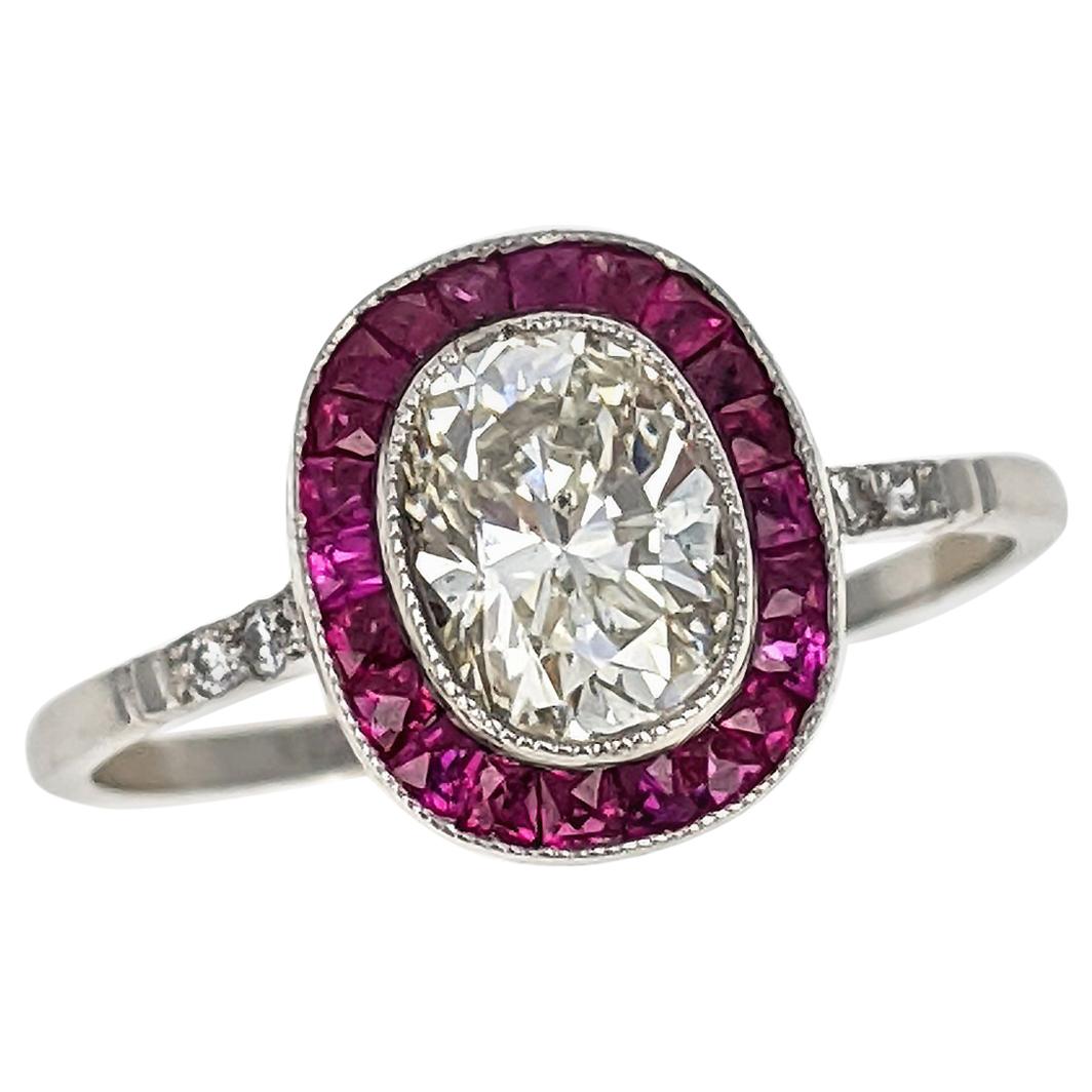 1.02 Carat Cushion Cut Diamond Ruby Halo Platinum Engagement Ring