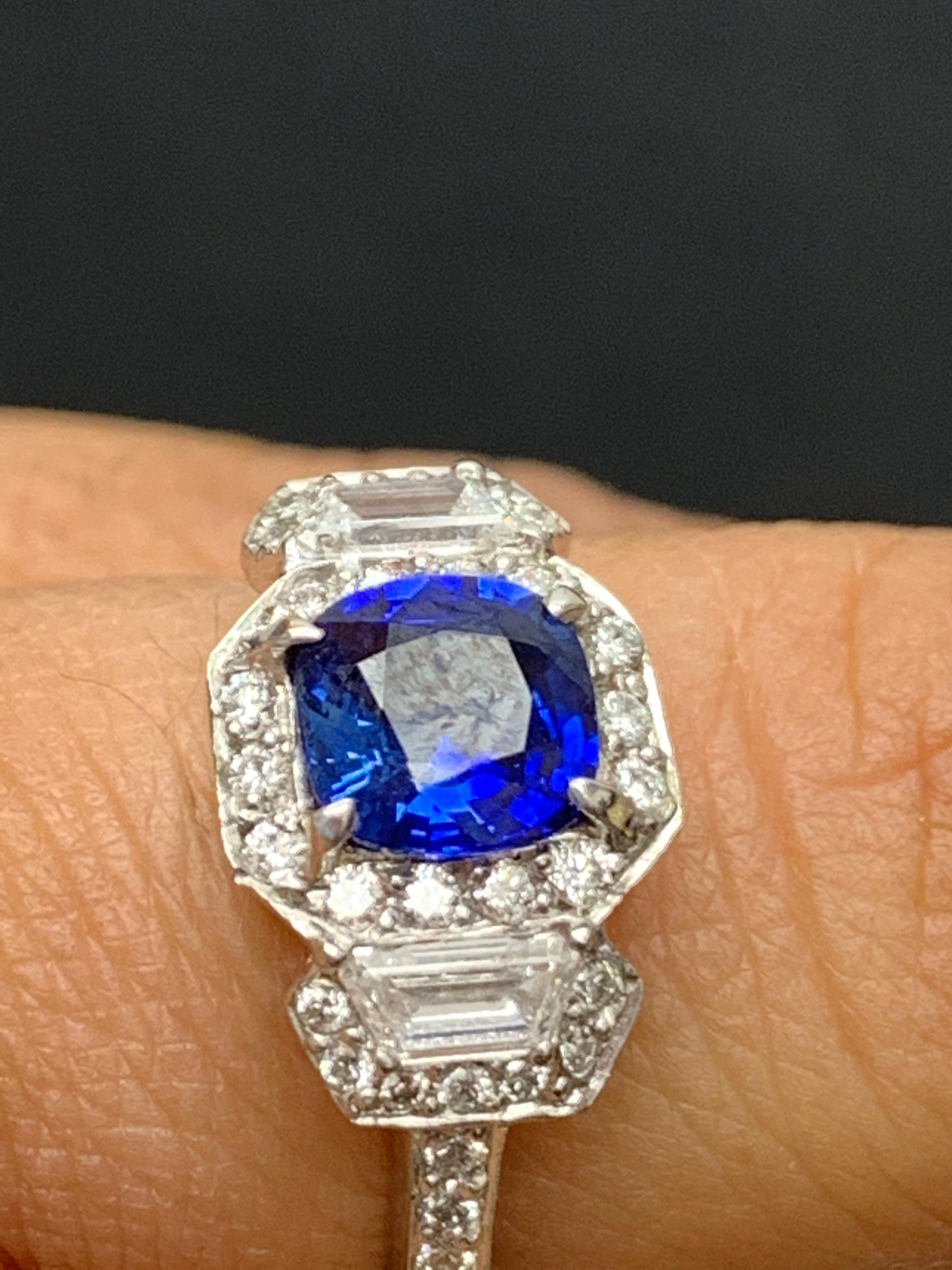 1.02 Carat Cushion Cut Sapphire and Diamond Three-Stone Halo Ring in Platinum For Sale 5