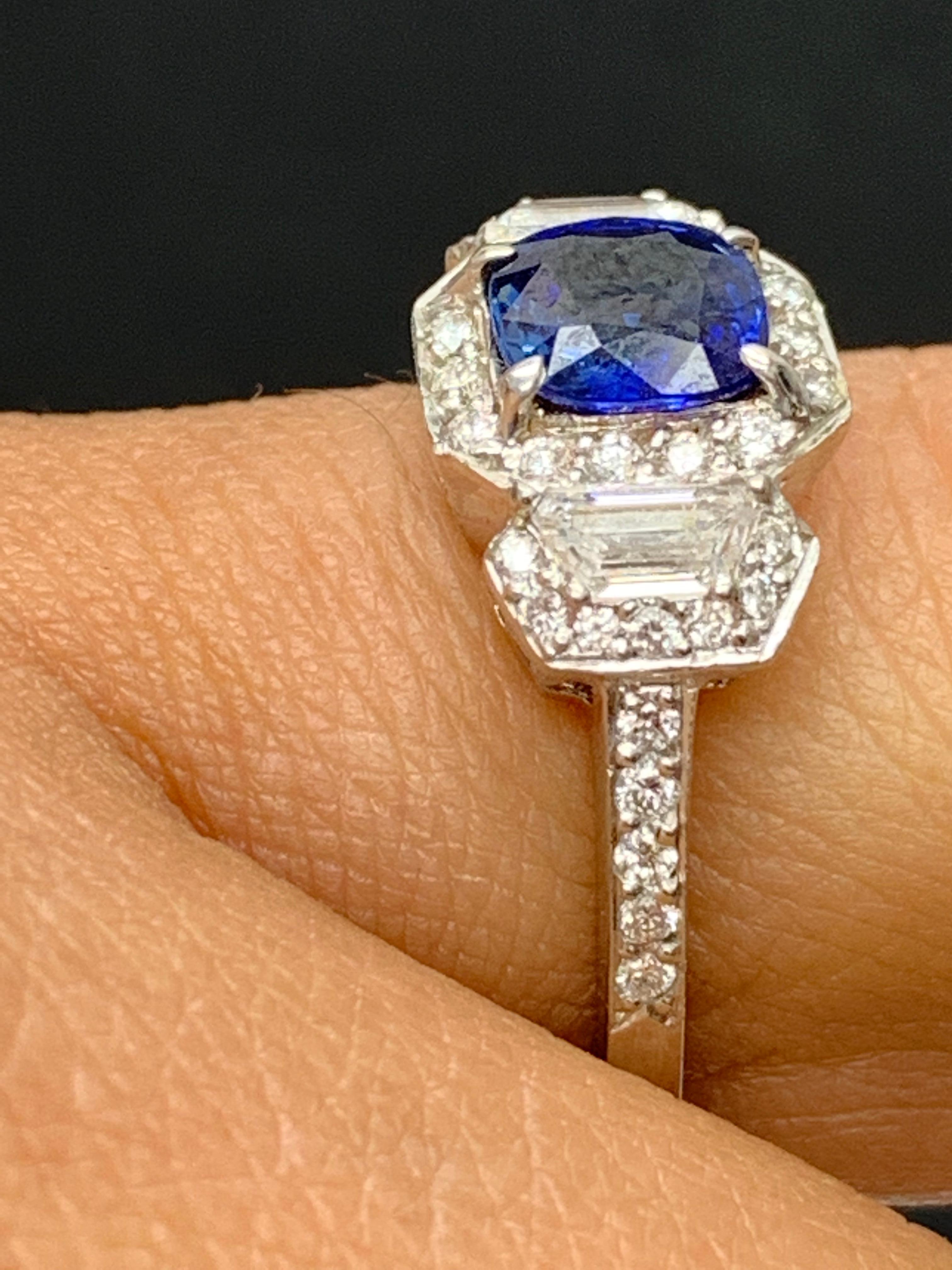 1.02 Carat Cushion Cut Sapphire and Diamond Three-Stone Halo Ring in Platinum For Sale 6