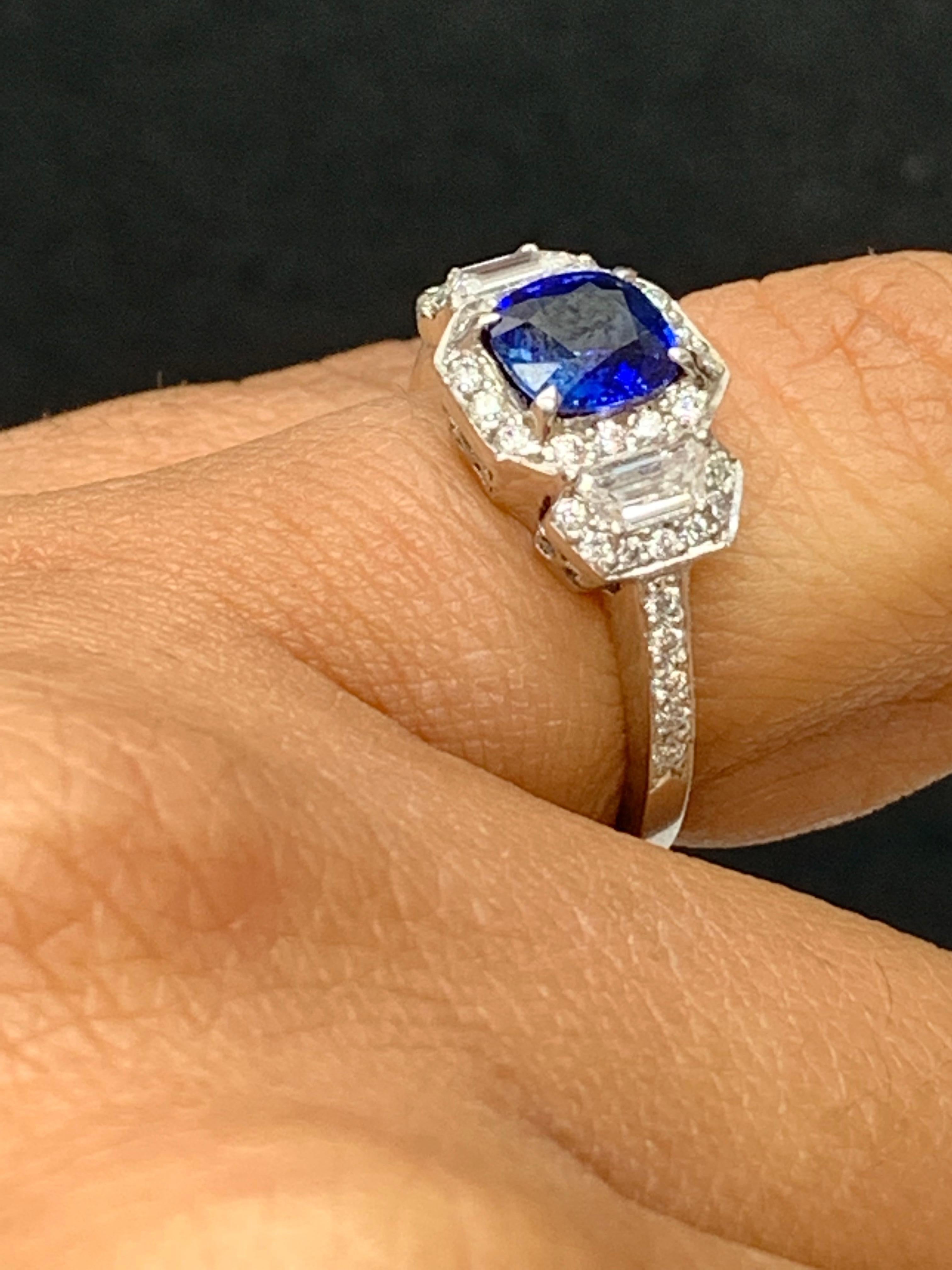 1.02 Carat Cushion Cut Sapphire and Diamond Three-Stone Halo Ring in Platinum For Sale 7