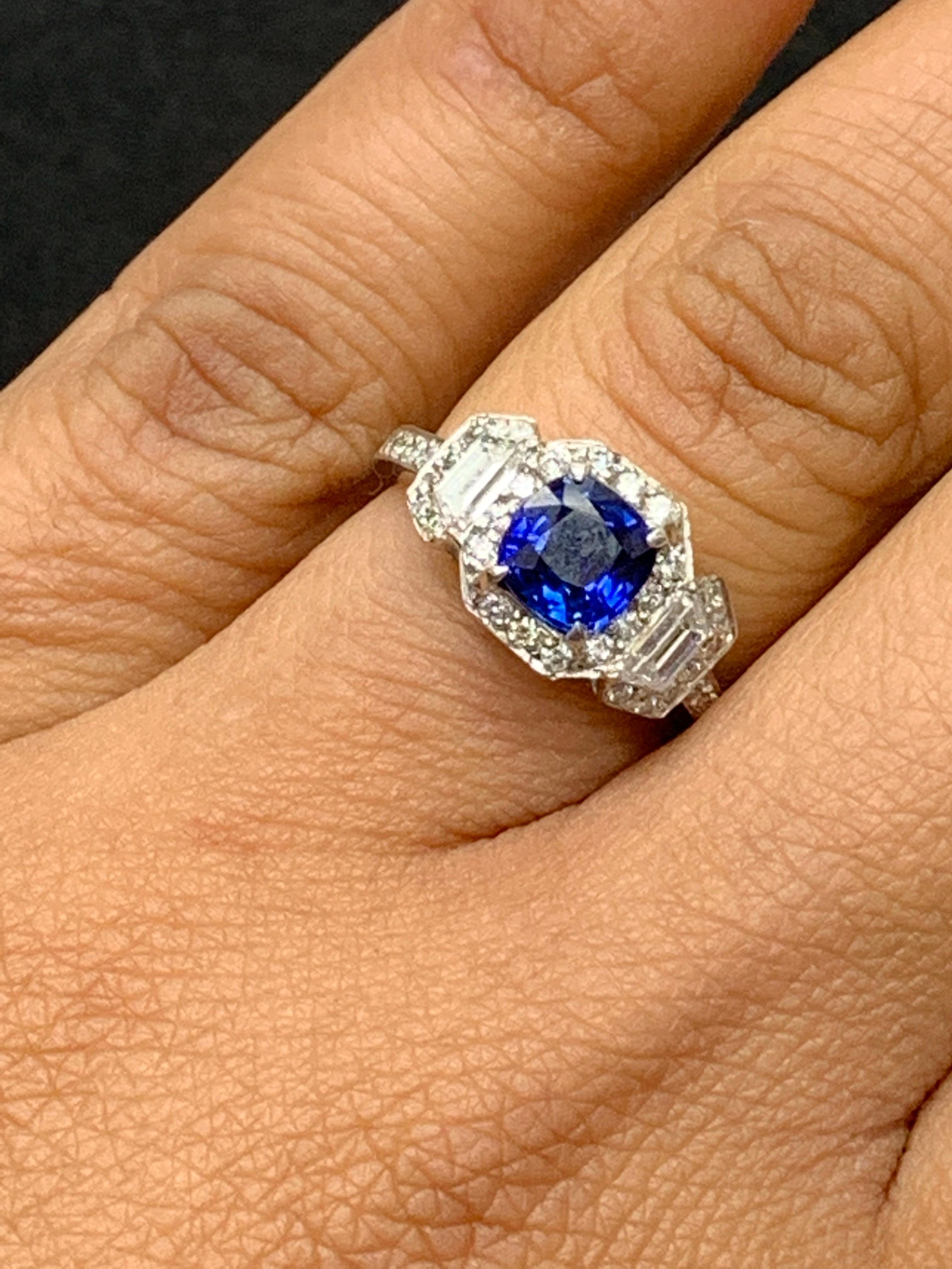 1.02 Carat Cushion Cut Sapphire and Diamond Three-Stone Halo Ring in Platinum For Sale 9