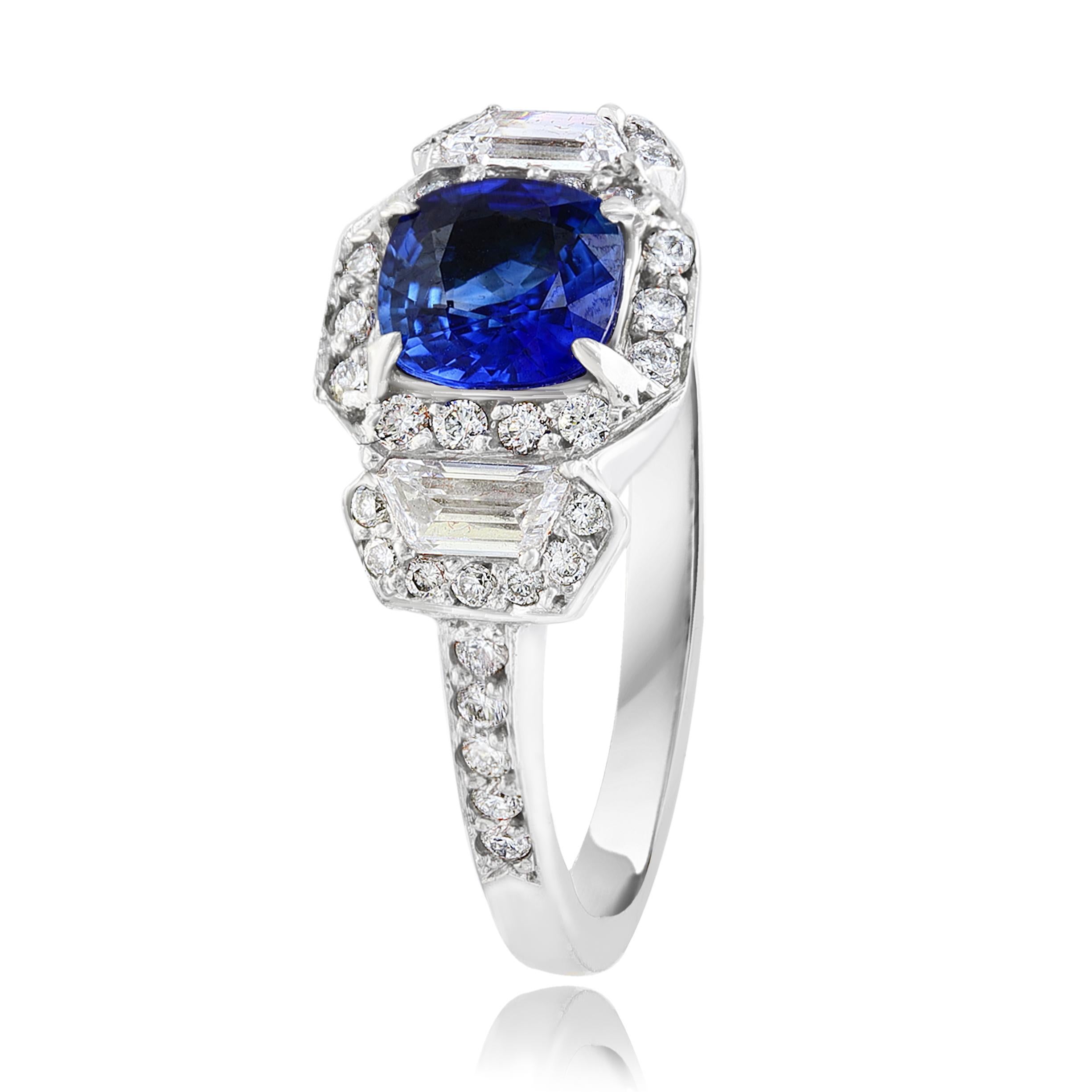 Modern 1.02 Carat Cushion Cut Sapphire and Diamond Three-Stone Halo Ring in Platinum For Sale