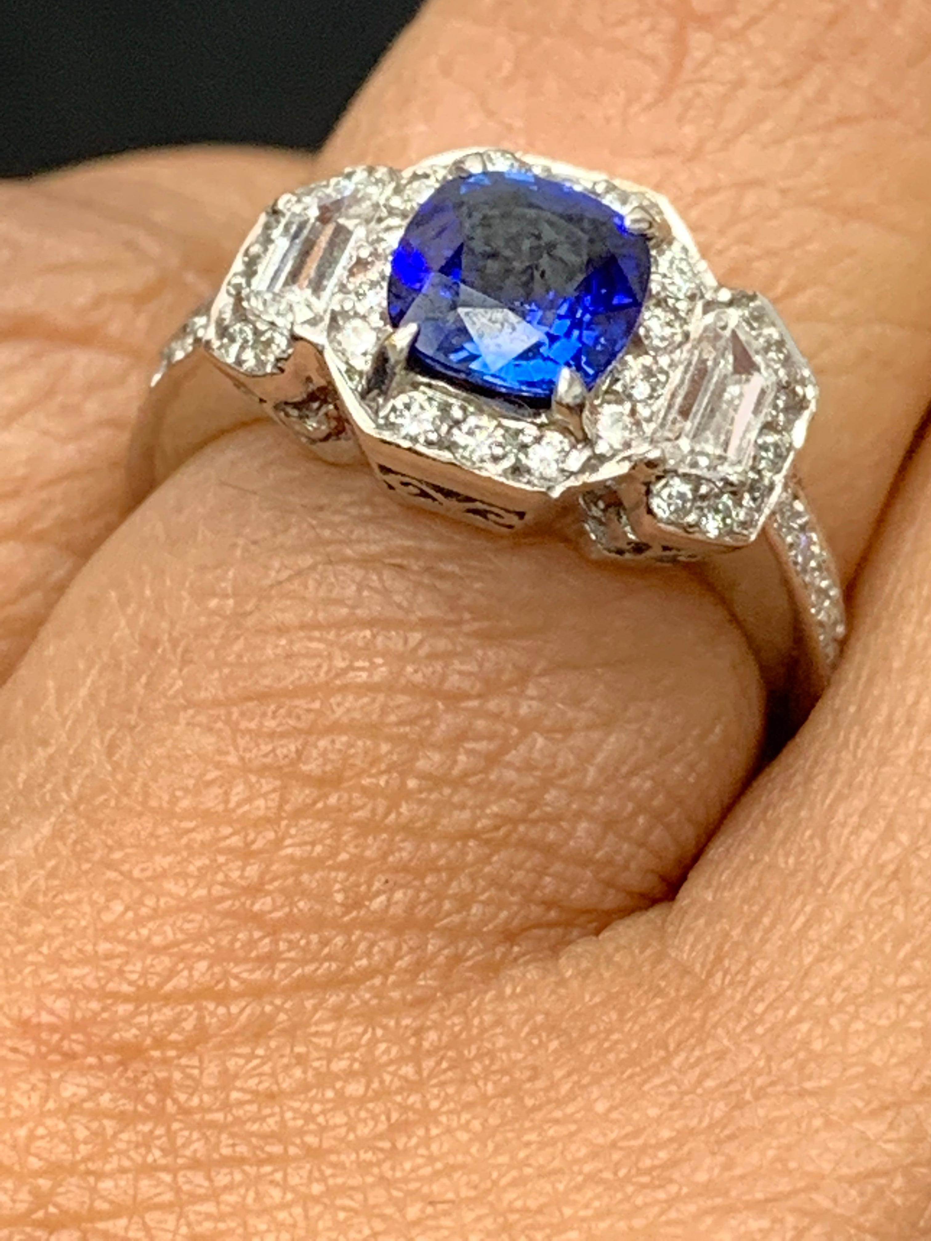 1.02 Carat Cushion Cut Sapphire and Diamond Three-Stone Halo Ring in Platinum For Sale 4