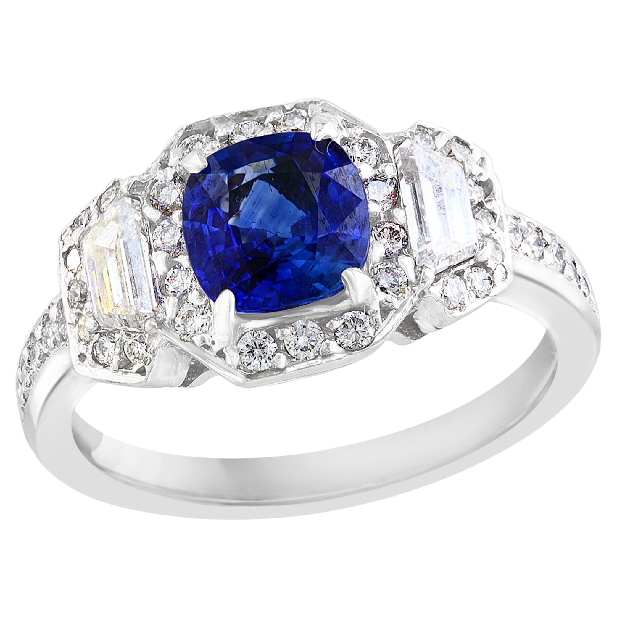 1.02 Carat Cushion Cut Sapphire and Diamond Three-Stone Halo Ring in Platinum For Sale