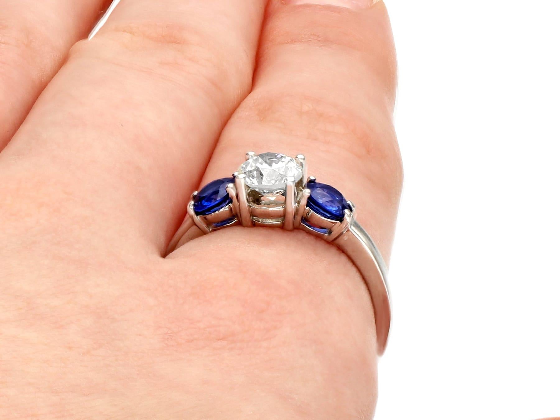 1.02 Carat Diamond and Sapphire Platinum Trilogy Ring For Sale 2