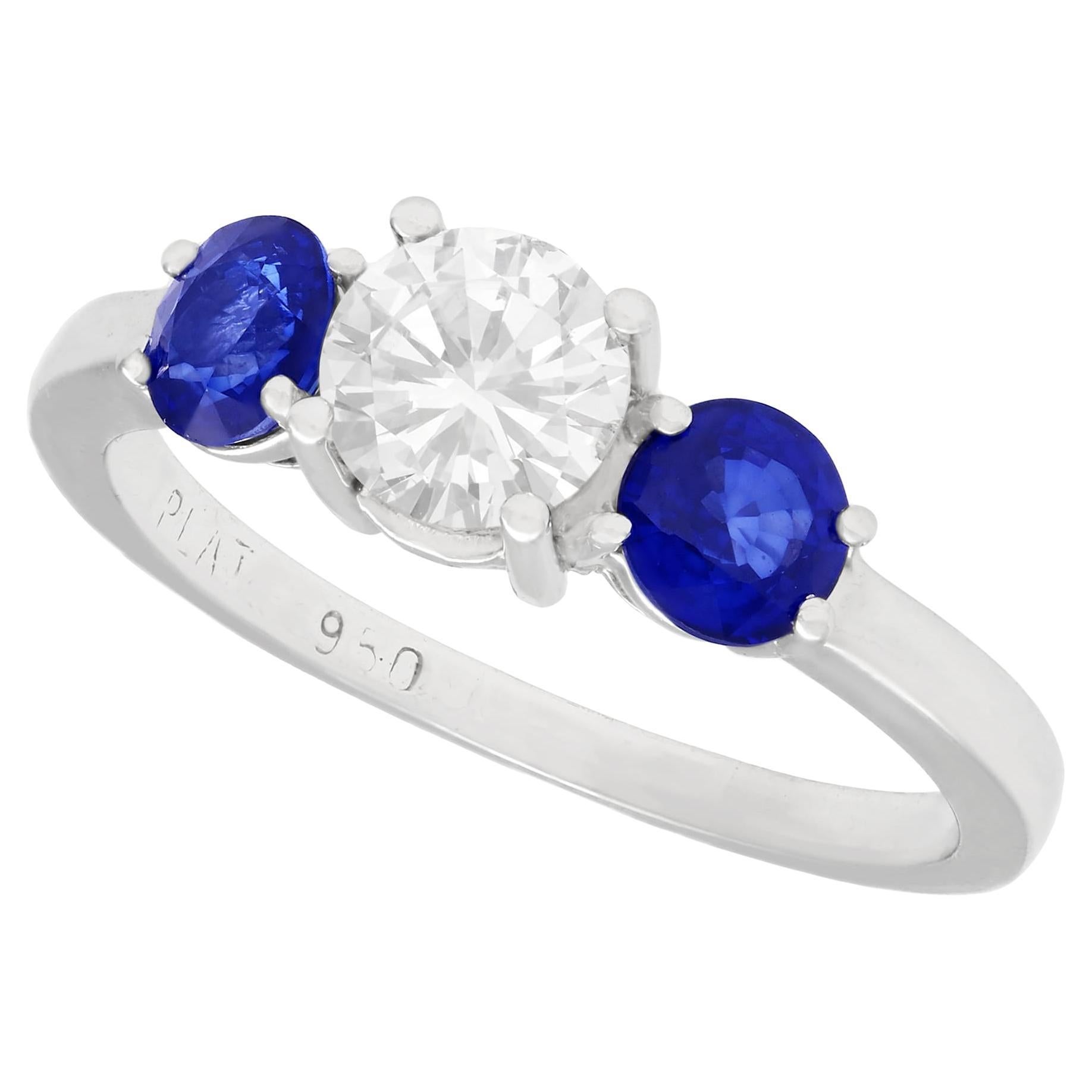 1.02 Carat Diamond and Sapphire Platinum Trilogy Ring For Sale